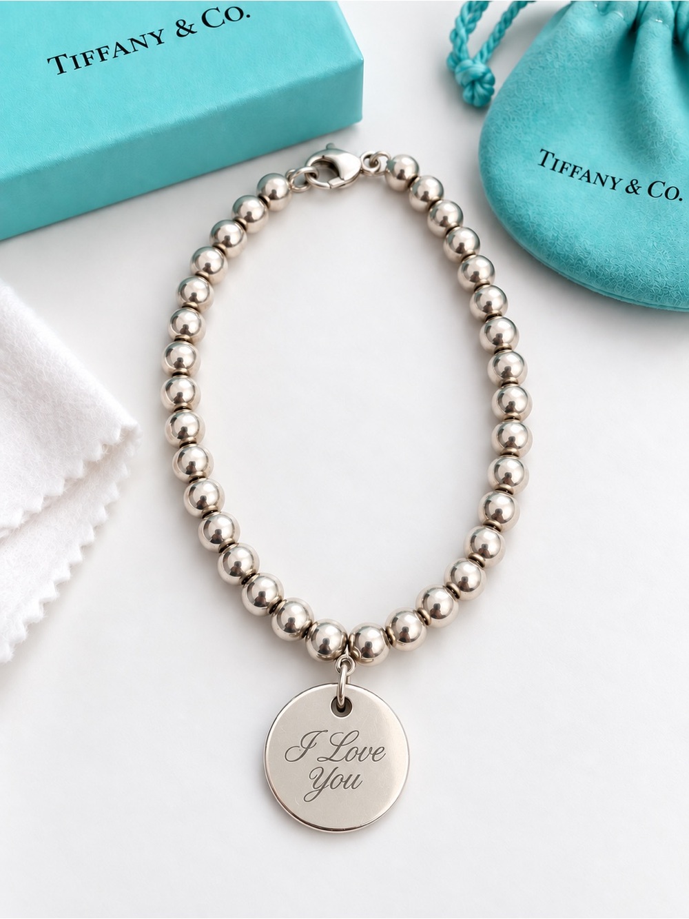 Rare Retired Tiffany & Co. I Love You 4mm Bead Bracelet 7” Sterling
